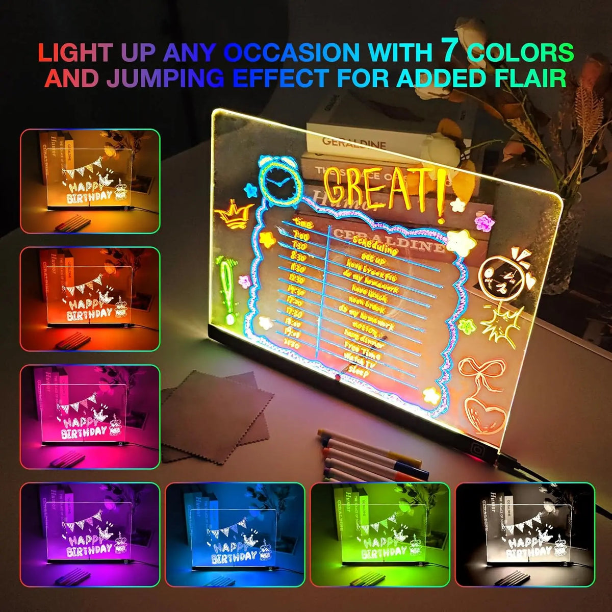 7 Colour LED Note Board Night Light & 7 Pens - Kids Drawing & Message Board