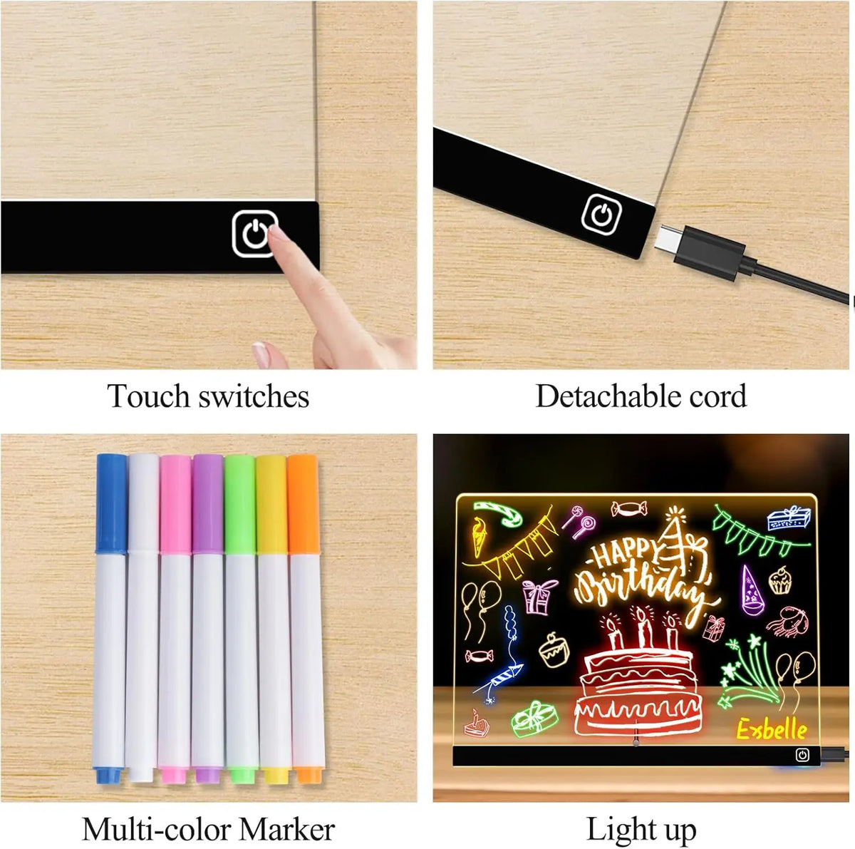 7 Colour LED Note Board Night Light & 7 Pens - Kids Drawing & Message Board