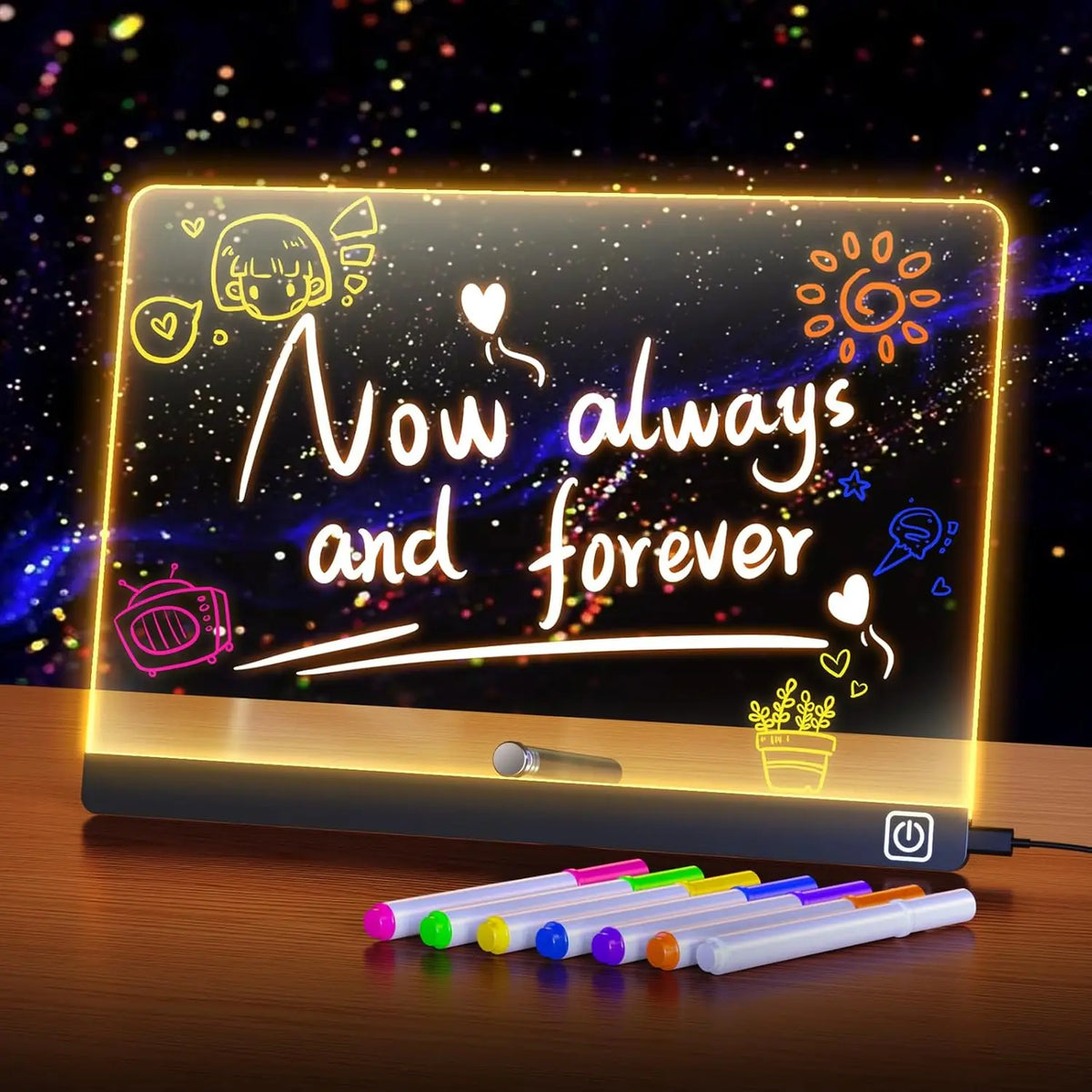 7 Colour LED Note Board Night Light & 7 Pens - Kids Drawing & Message Board