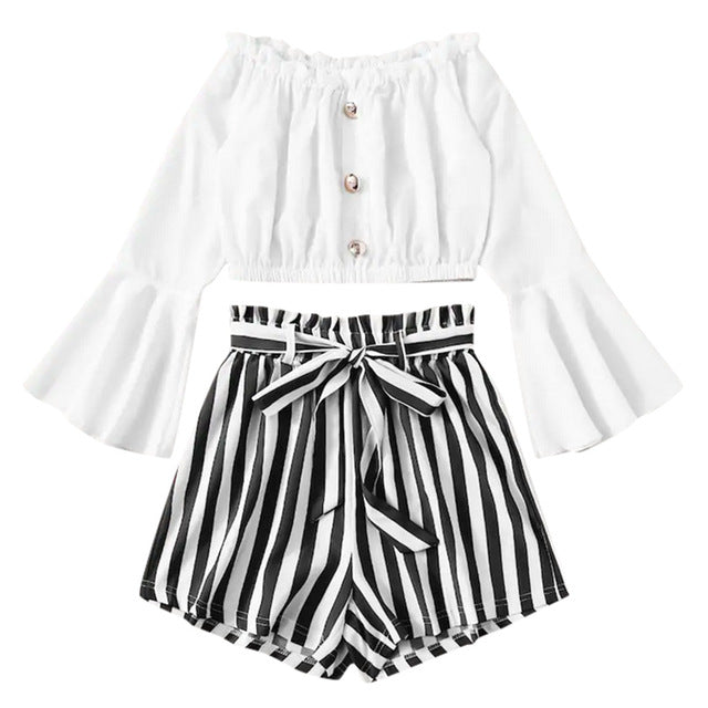 Two Piece Set Slash Neck Crop
