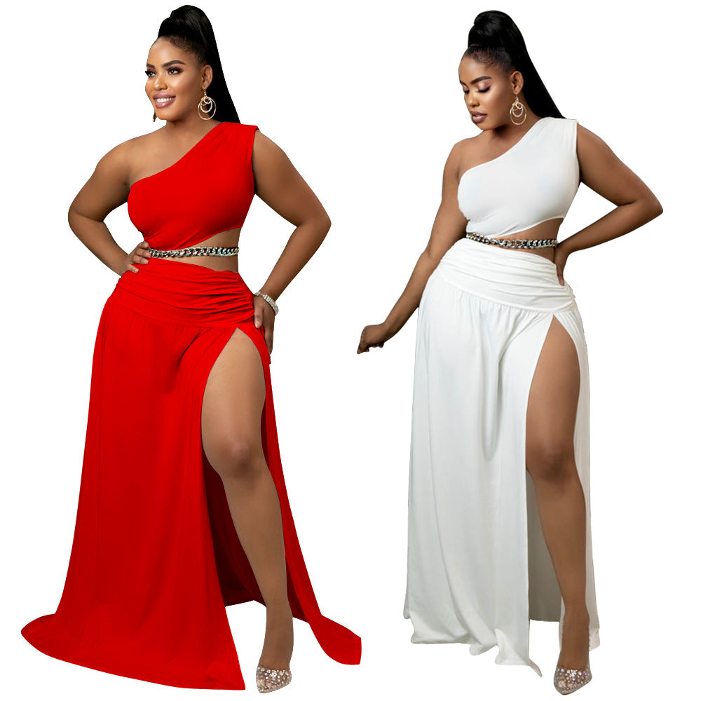 Solid-color Off-the-shoulder Sexy Bodycon Two-piece Set