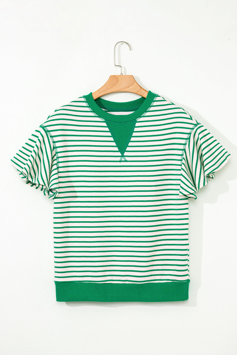 Bright Green Contrast Detail Striped Ruffle Short Sleeve Top