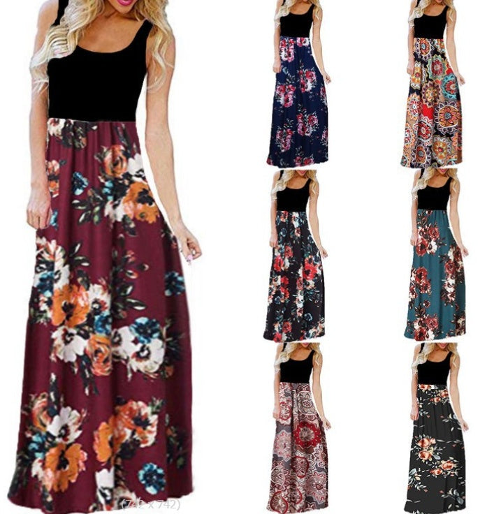 11 Color Sexy Sleeveless Round Neck Printed Patchwork Dress For Women