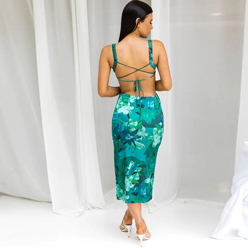 Summer New Fashion Printed Backless Strap Slim Dress