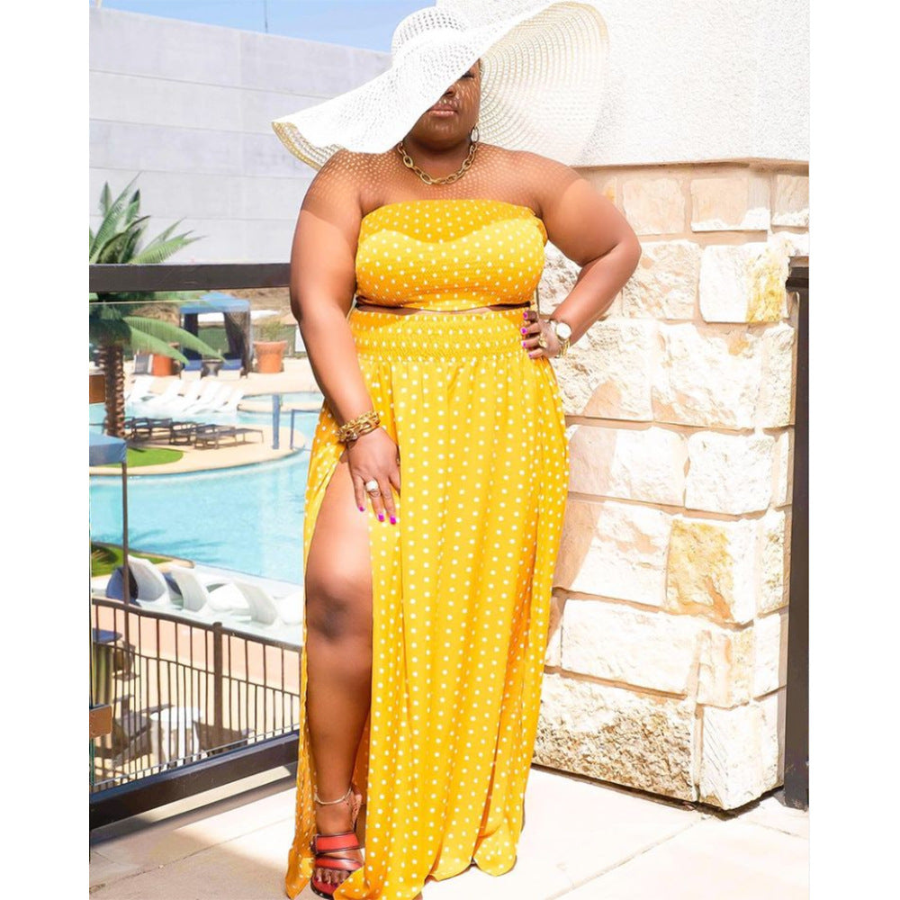 Fashionable Plus-Size Polka-Dot Printed Backless Casual Two-Piece Set