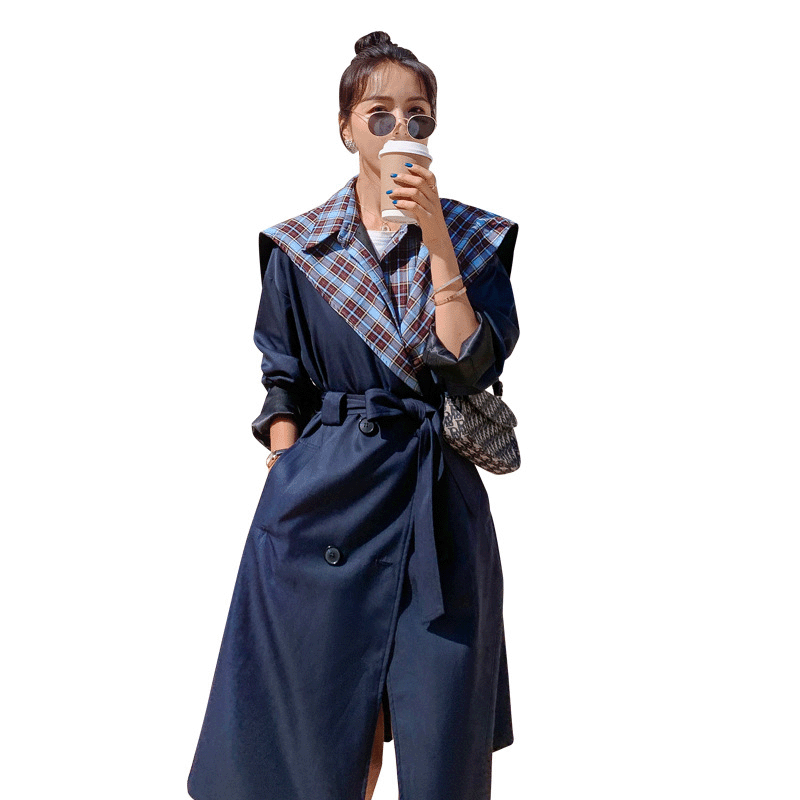 Plaid Stitching Trench Coat British Style Fake Two-piece
