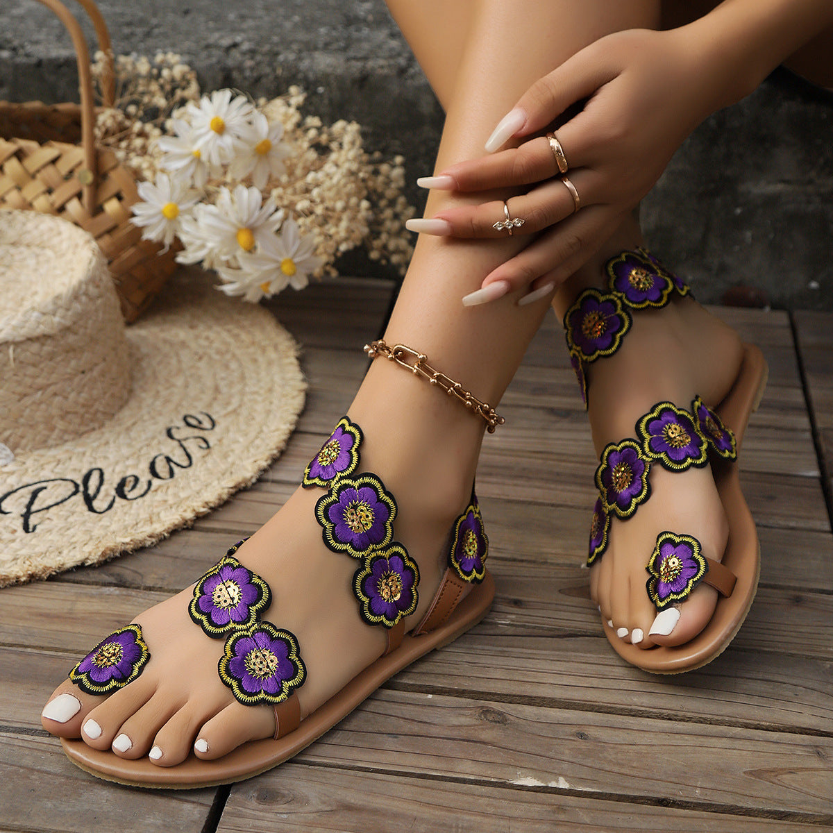 Bohemian Floral Flat Sandals | Ethnic Summer Beach Sandals for Women
