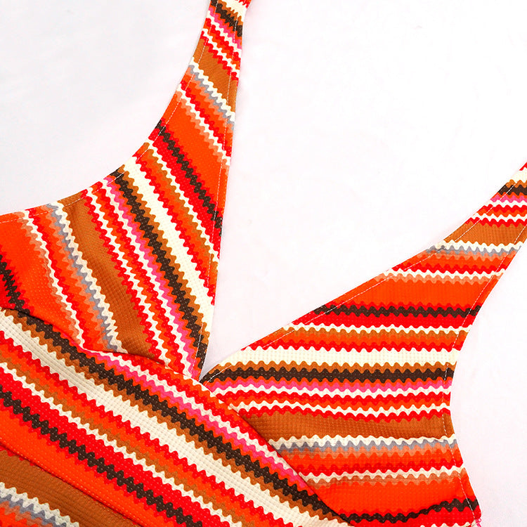 Colorful Striped Lace-Up Backless V-Neck Dress