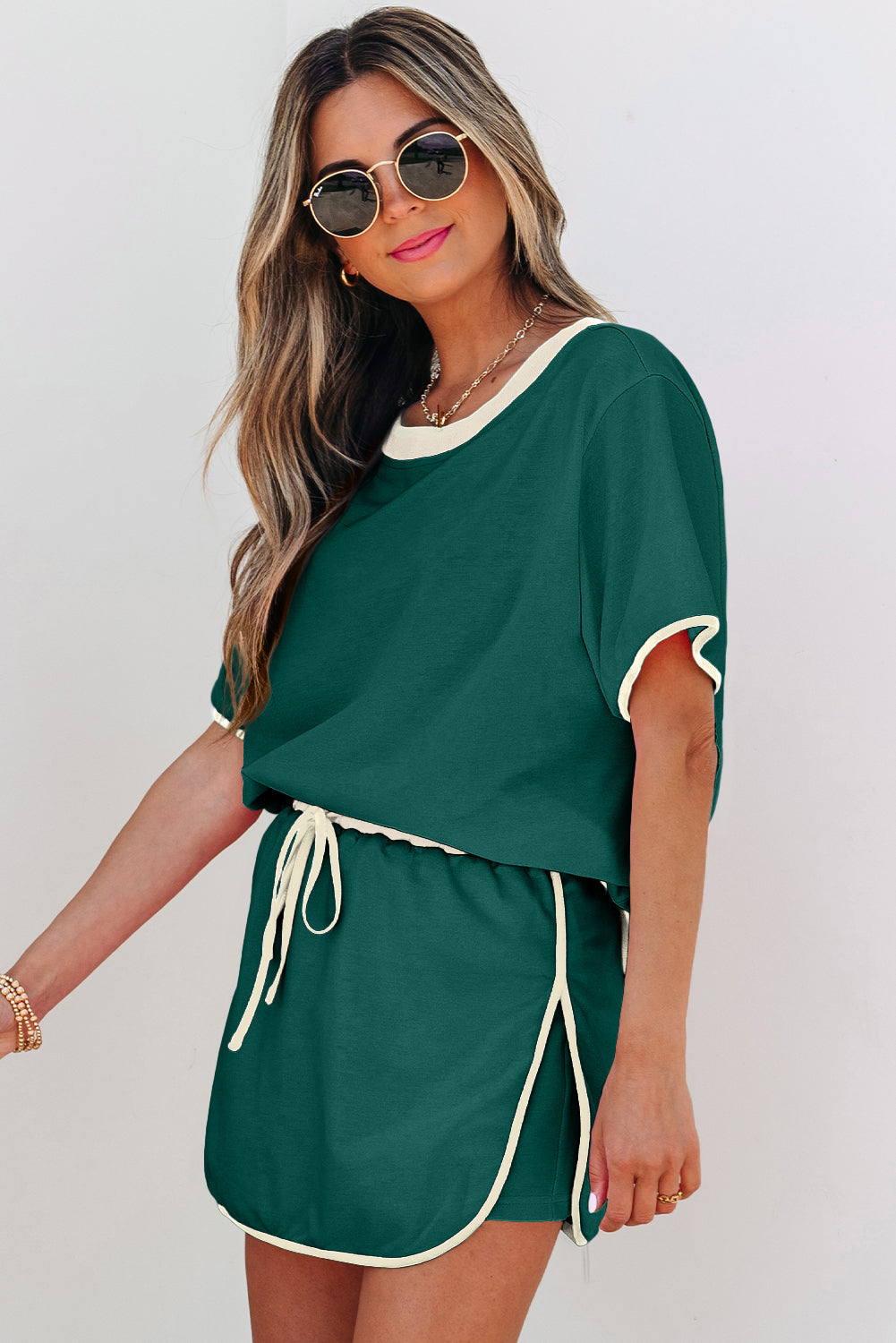 Evergreen Colorblock Edge Drop Shoulder T Shirt and Skort 2Pcs Set