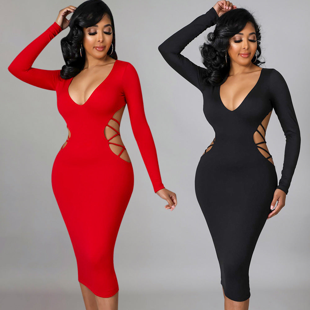 Women's Fashion Skinny Backless Hollow V-Neck Dress