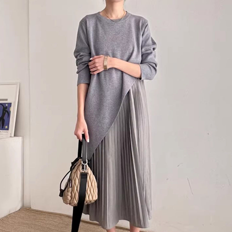 Autumn Elegance Retro Round Neck Irregular Design Loose Casual Patchwork Pleated Dress Women