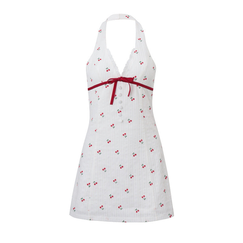 Backless Cherry Waist-tight Halter Dress Women