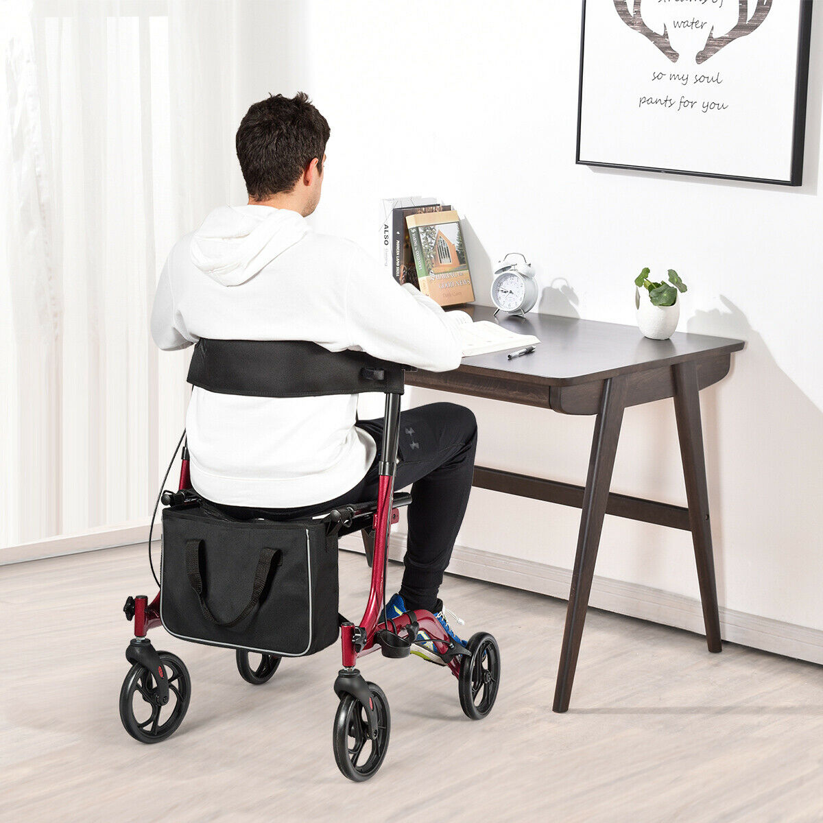 Folding Aluminium Rollator Walker Mobility Aid With 4 Wheels-Black