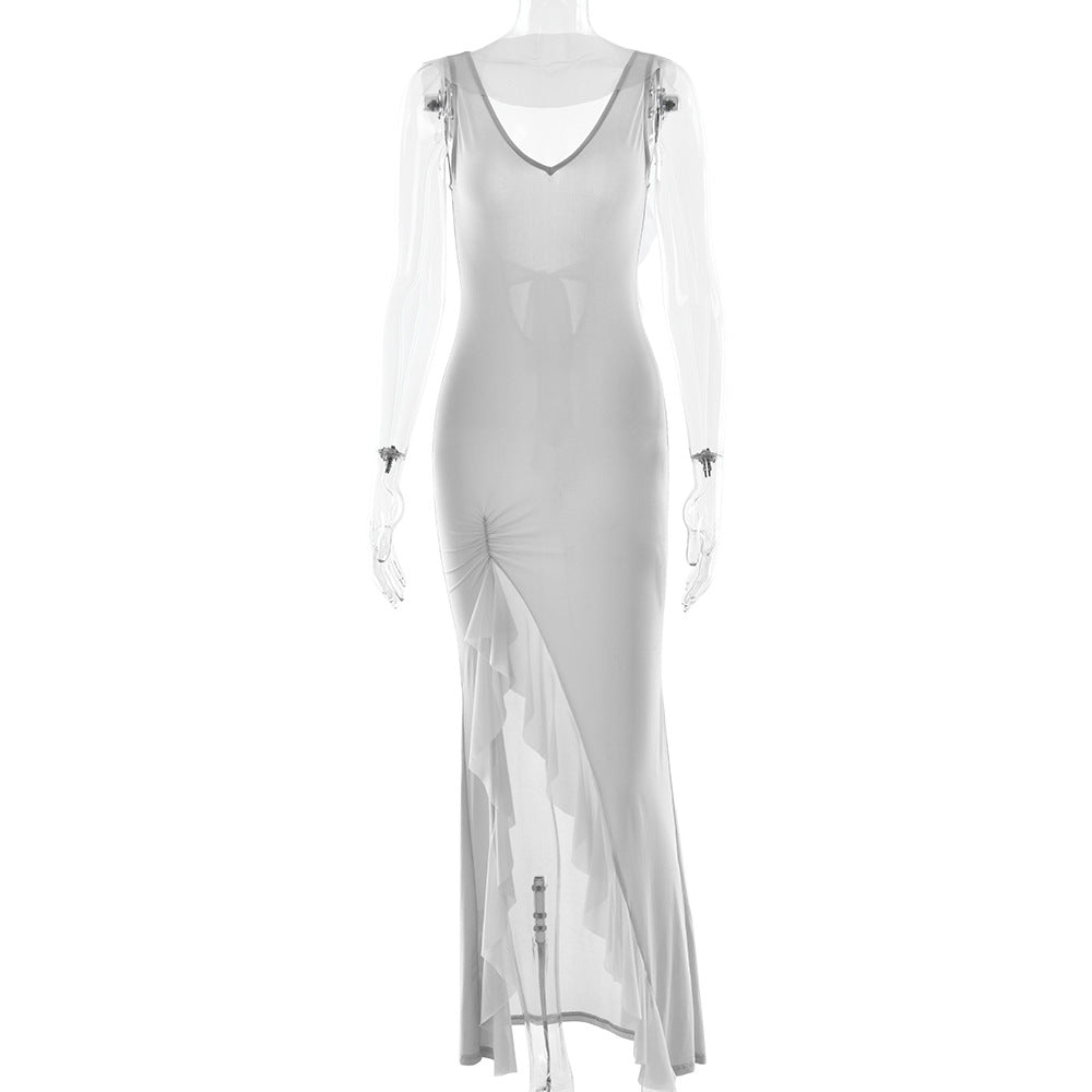 Ribbon Women Backless High Slit Dress