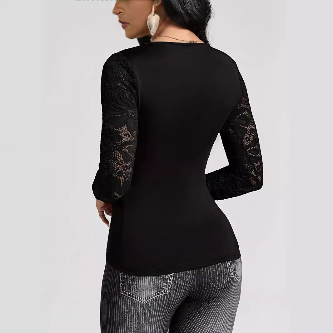 Solid-color Cross-join Lace-sleeve T-shirt