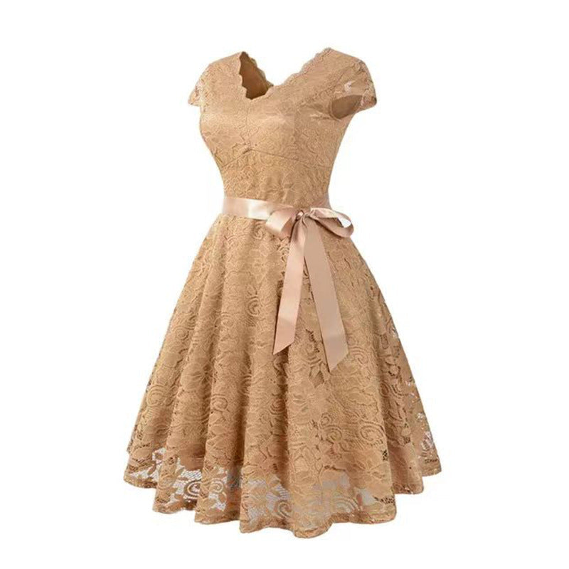 V-neck Patchwork Lace-up Wide Hem Lace Dress