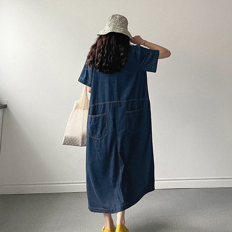 Summer Retro Temperament Crew Neck Bright Line Denim Dress Women