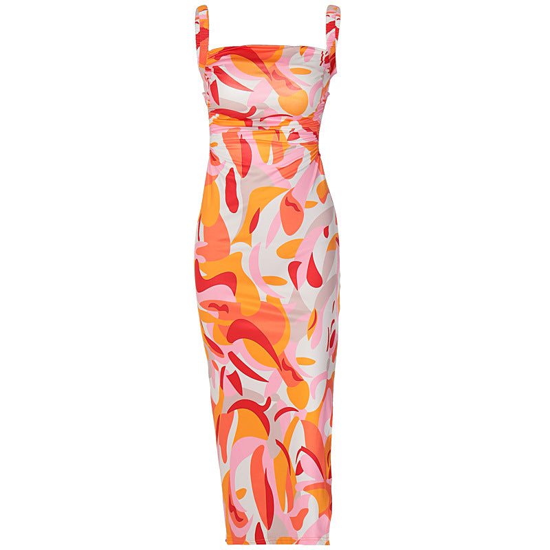 Summer New Fashion Printed Backless Strap Slim Dress