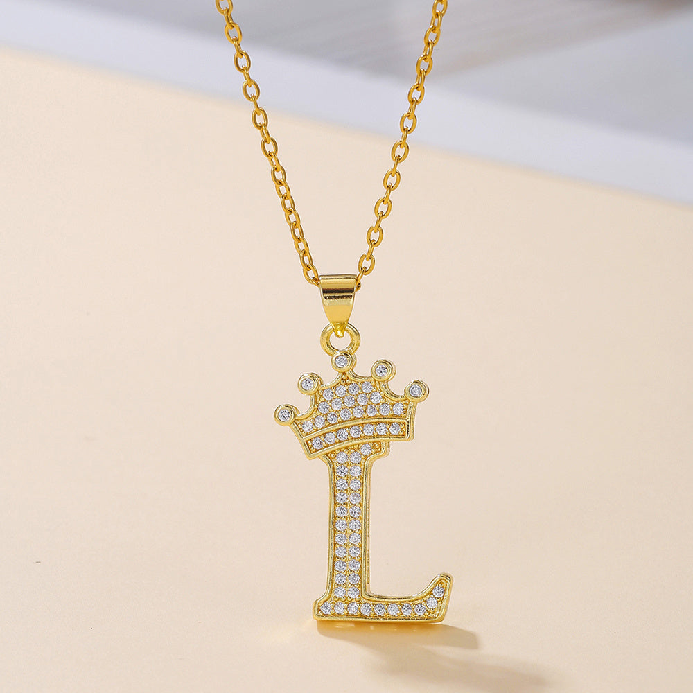 1PCS Fashionable Gold Diamond Crown Uppercase Letter Popular Pendant Necklace Suitable For Daily Use Festivals Parties Gifts Jewelry Set