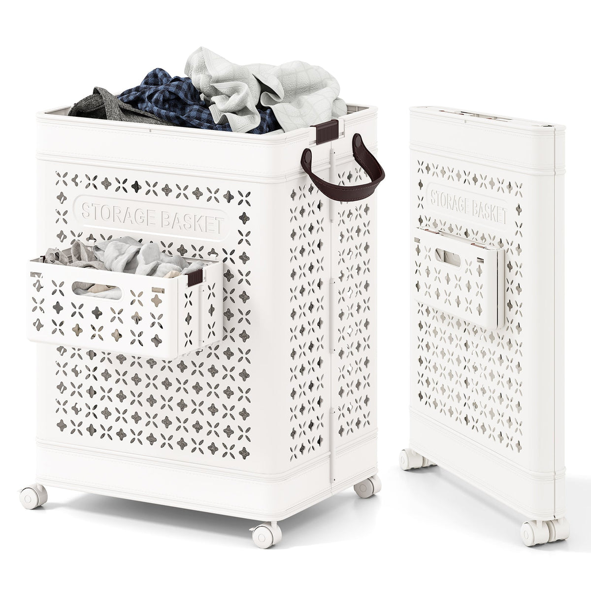 75 L Collapsible Laundry Basket with Underwear Basket and Handles-White
