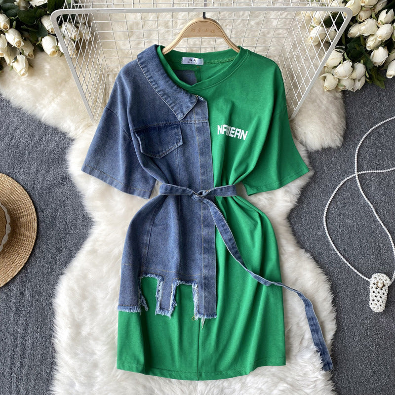 Round Neck Denim Patchwork Dress