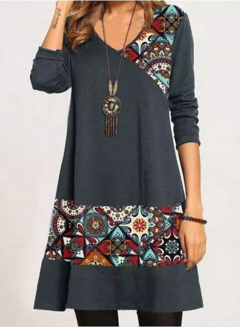 Women's Irregular Patchwork Print V-neck Long-sleeved Dress