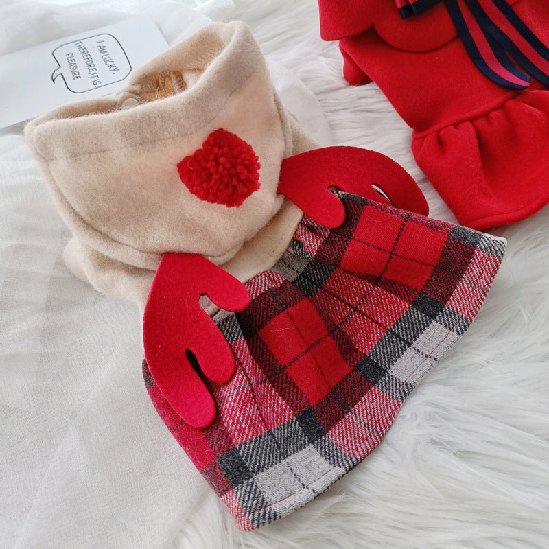 Warm Clothes For Dogs And Cats Red Check Elk Skirt