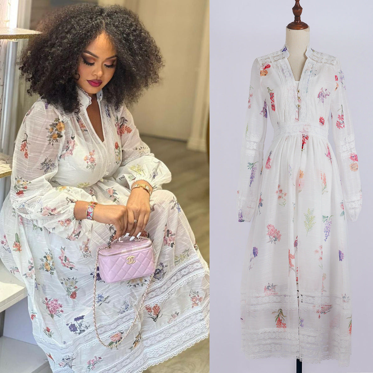 Elegant White Printed Patchwork Retro Lace Heavy Industry V-neck Dress