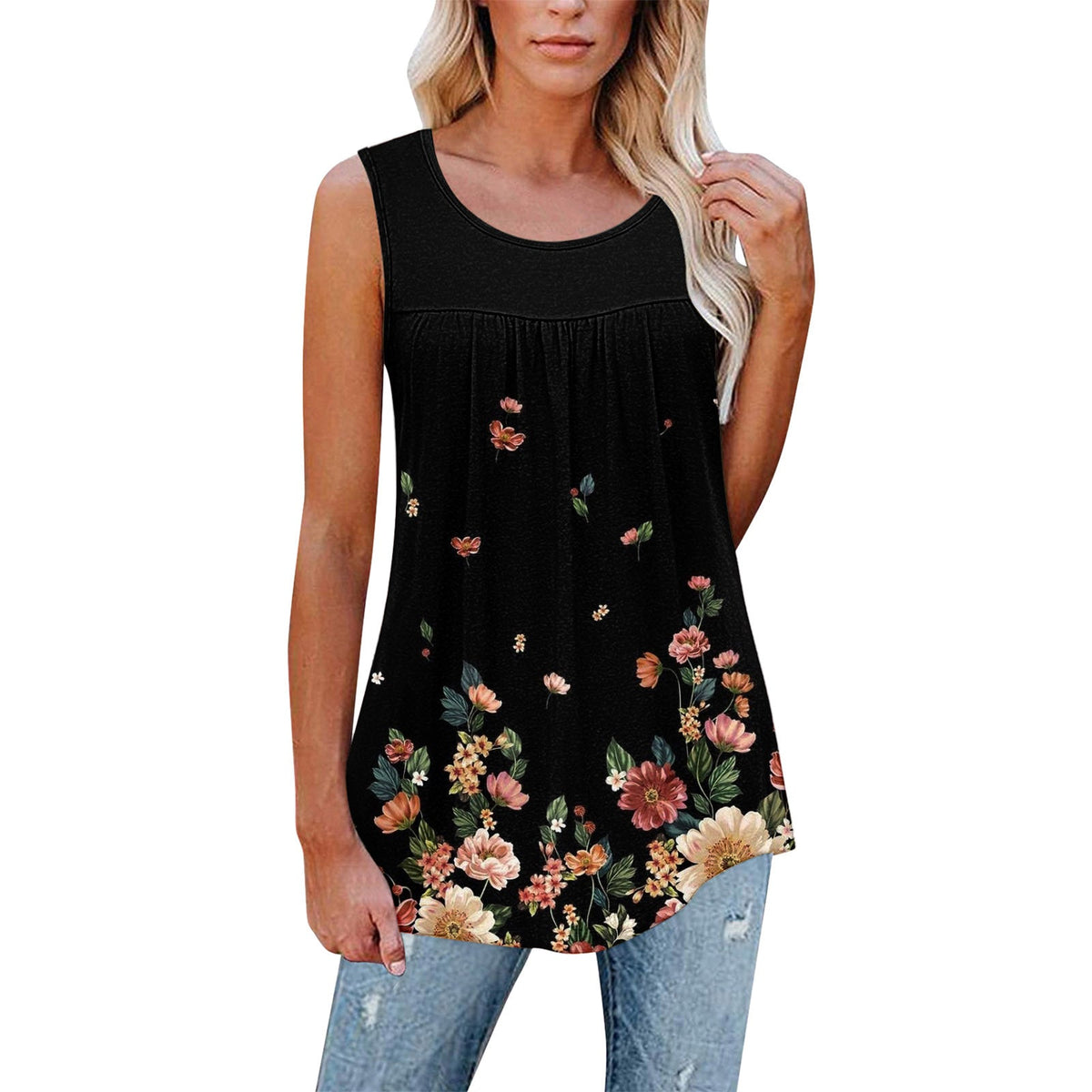 Flower Print Sleeveless Pleated Casual Loose Vest T-shirt Women's Clothing