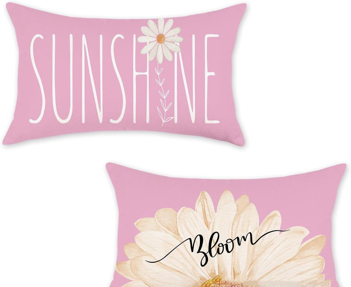 Ice Cream Flower Linen Print Lumbar Cushion Cover