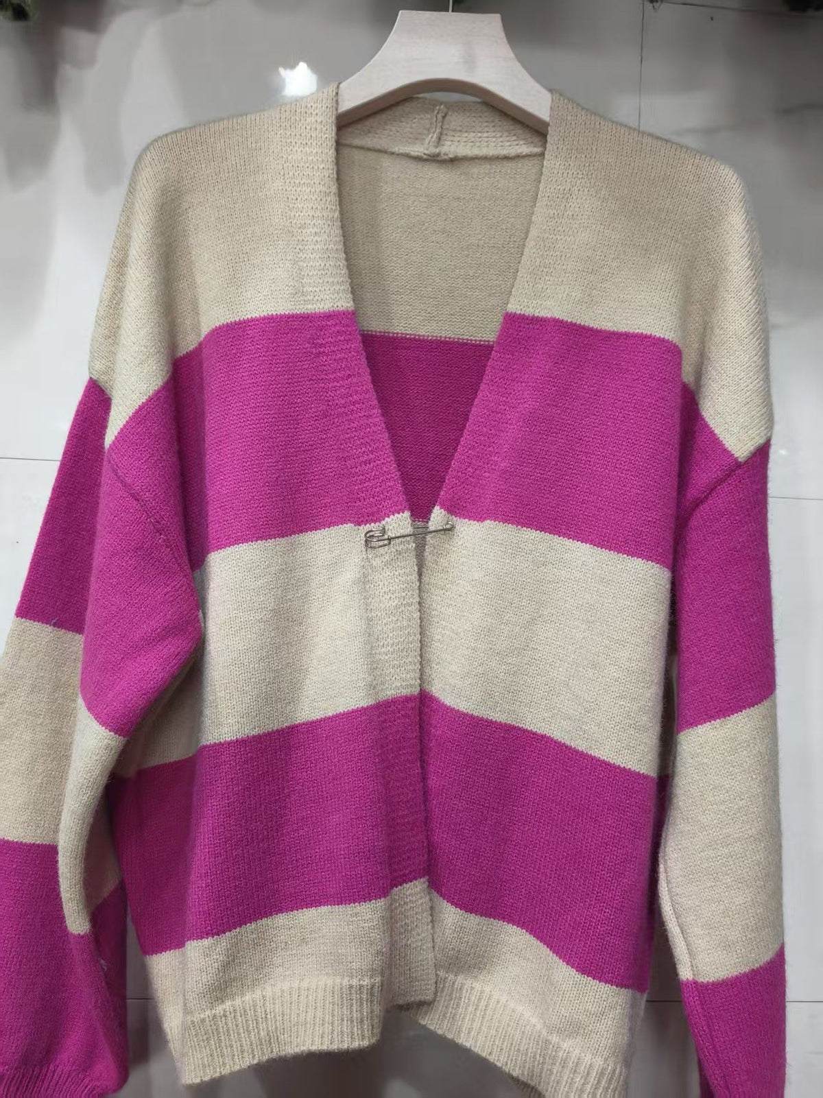 European And American Style Contrast Color Striped Cardigan Women's Loose Long Sleeve Sweater Coat