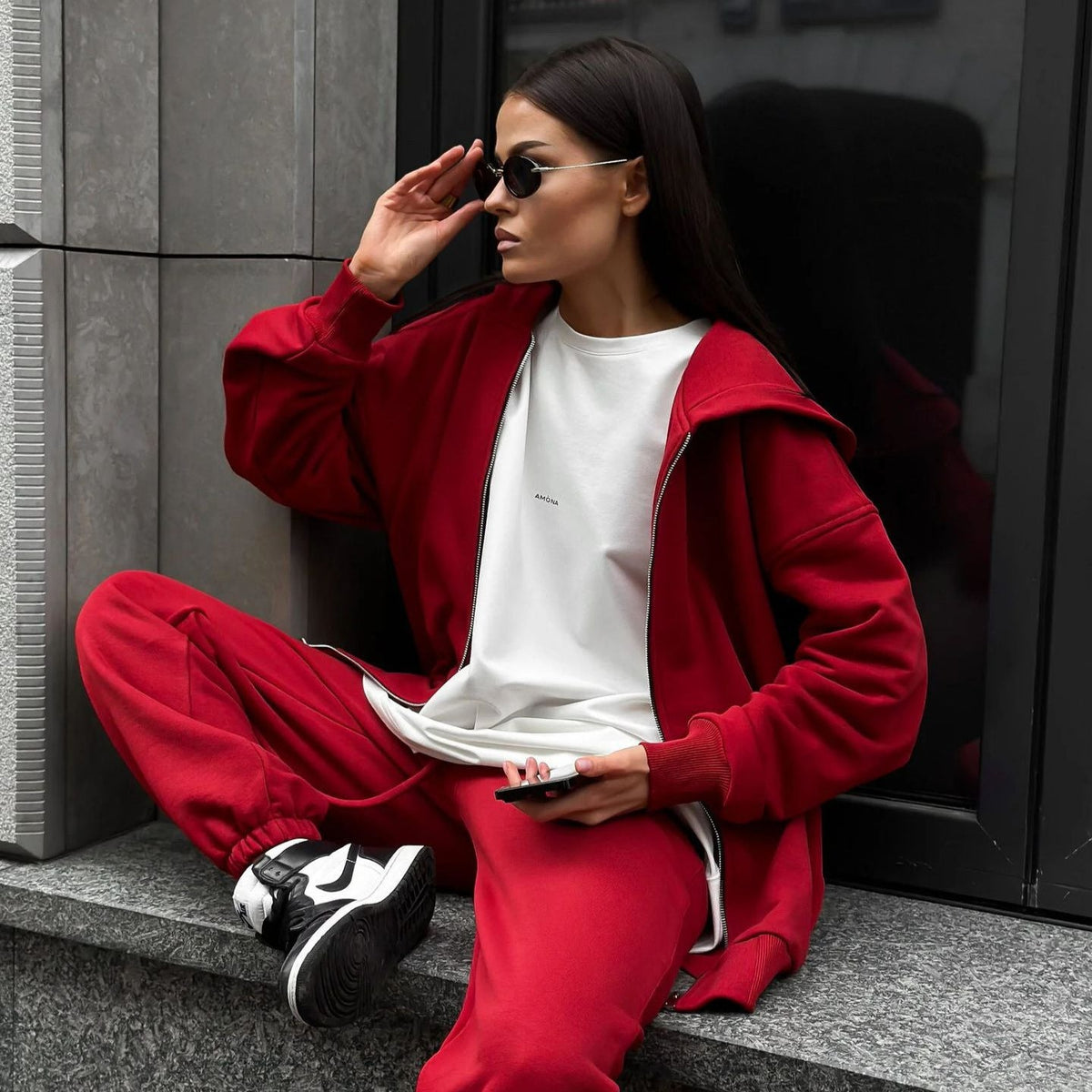 Street Style Long-sleeved Coat And Trousers Two-piece Set