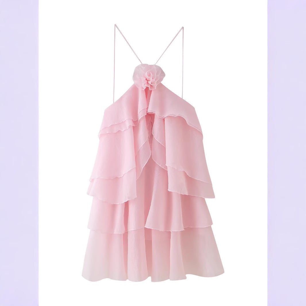 Fashion Three-dimensional Flower Decoration Laminated Ruffled Halter Dress