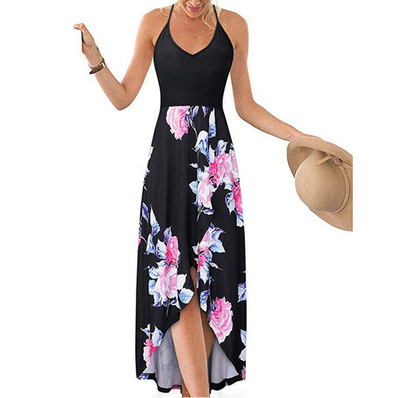 V-neck Strap Sleeveless Backless Color-matching Dress