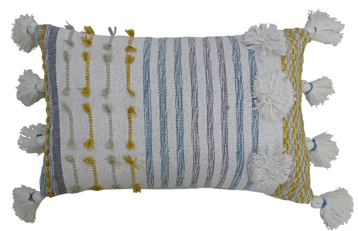 Designer Striped Pillow with Large Poms and Tassels 14"x20"