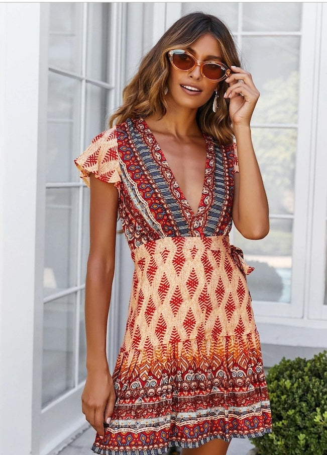 Summer V-neck sexy bohemian print dress skirt women