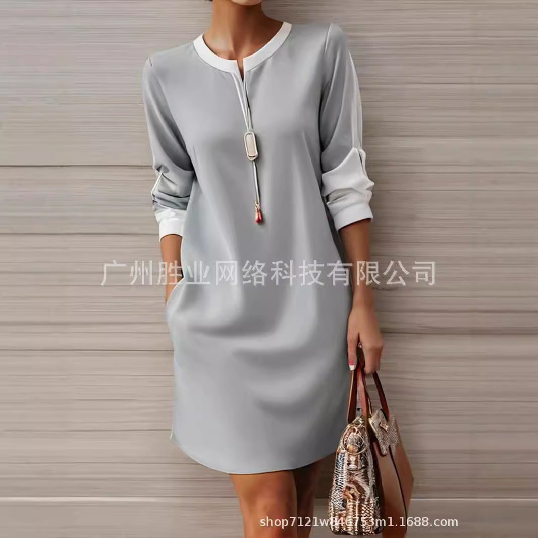 Patchwork Color Round Neck Loose Casual Dress