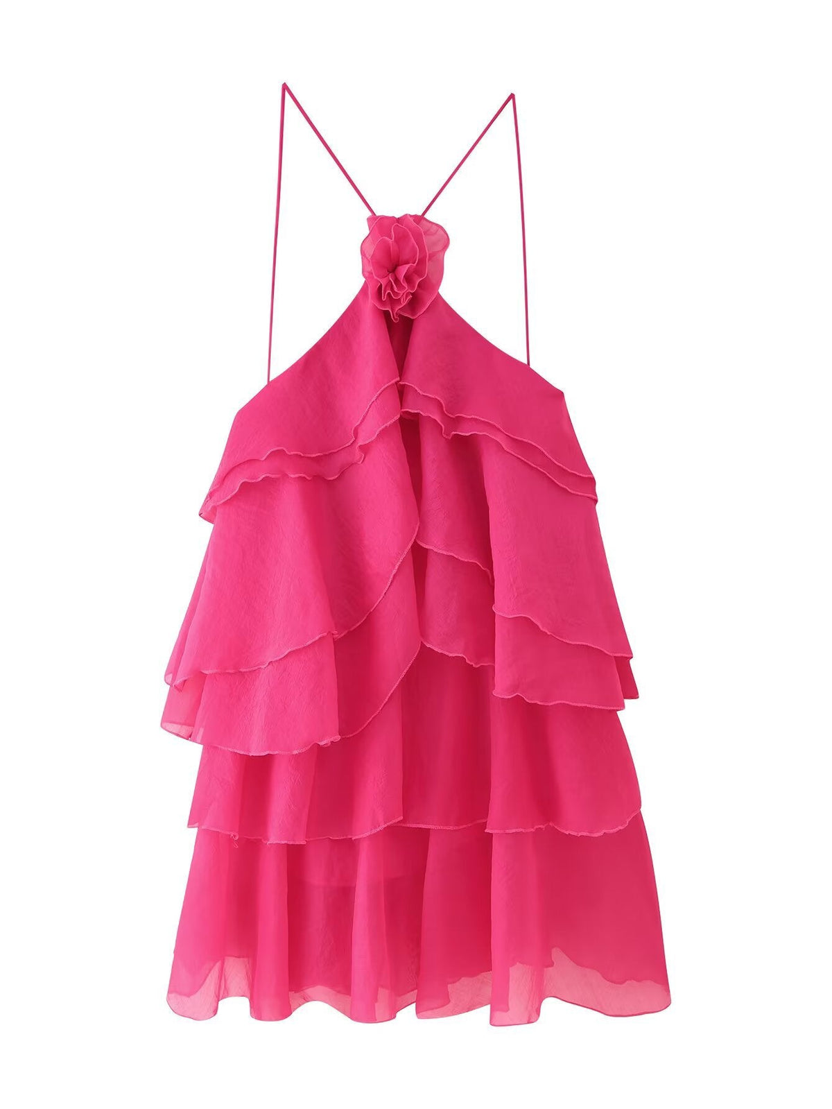 Fashion Three-dimensional Flower Decoration Laminated Ruffled Halter Dress