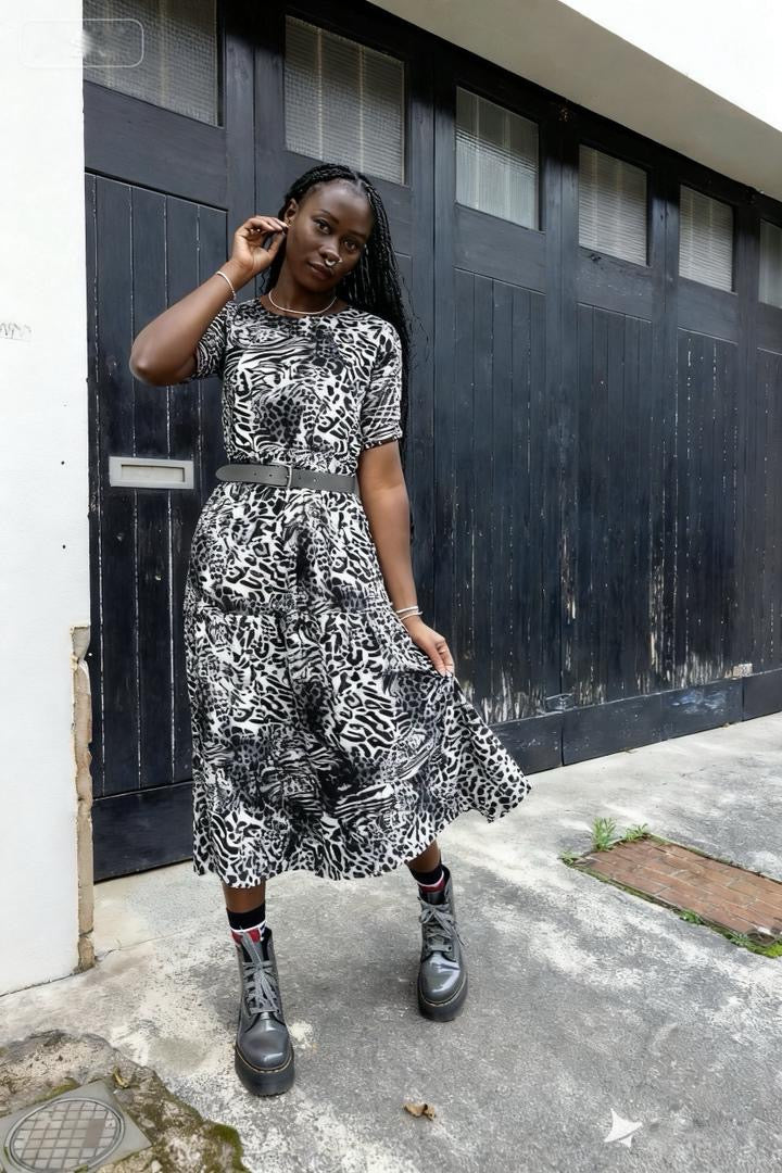 Grey Leopard Cotton Breastfeeding Midi Dress - Discreet Nursing Access | MilkyMoon
