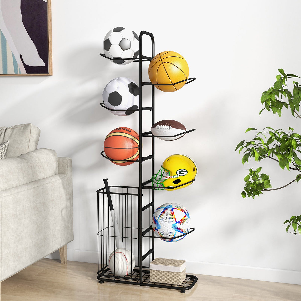 7-Tier Ball Storage Rack with Removable Hanging Rods and Side Basket