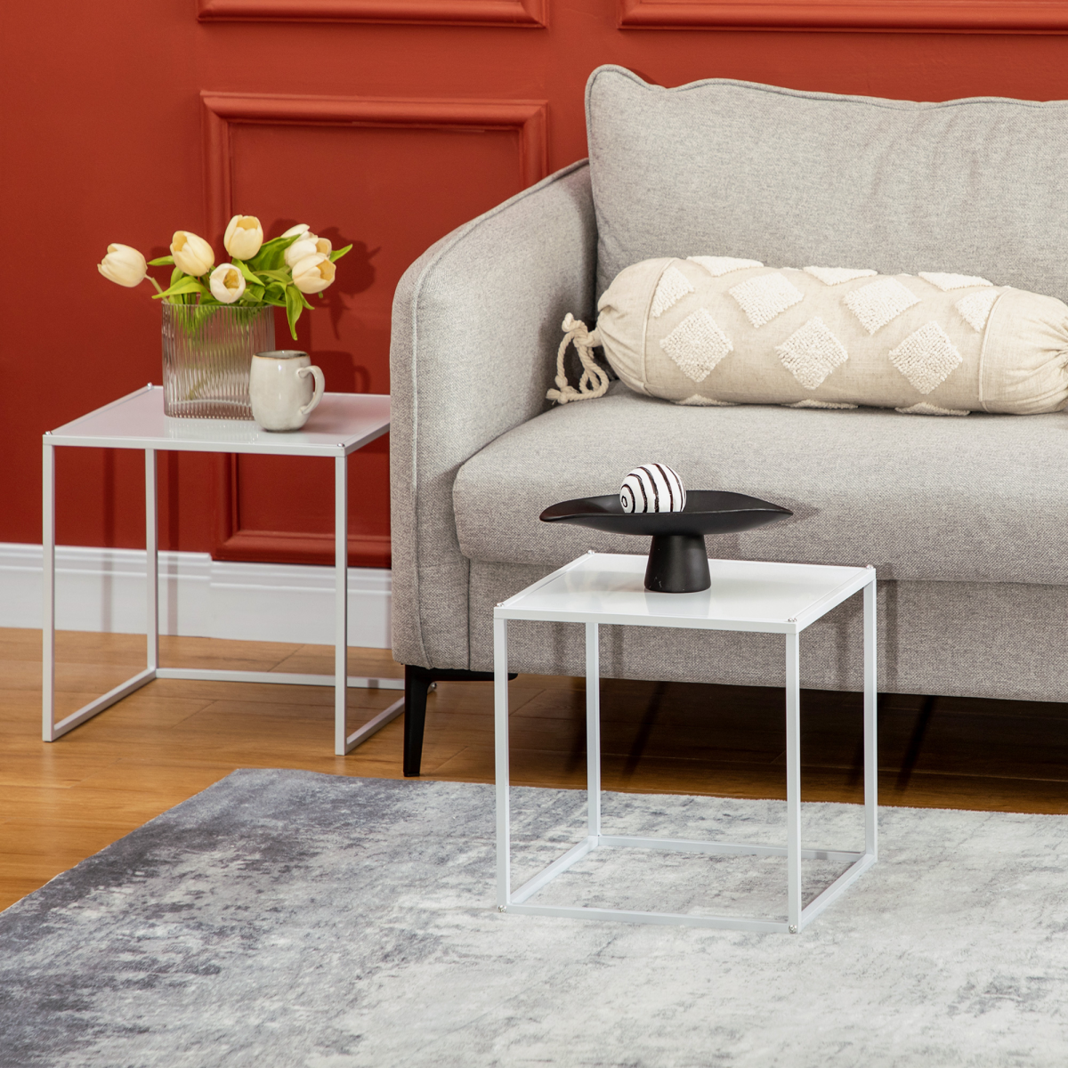 HOMCOM Nesting Coffee Table Set of 2, Nest of Tables with Steel Frame, White