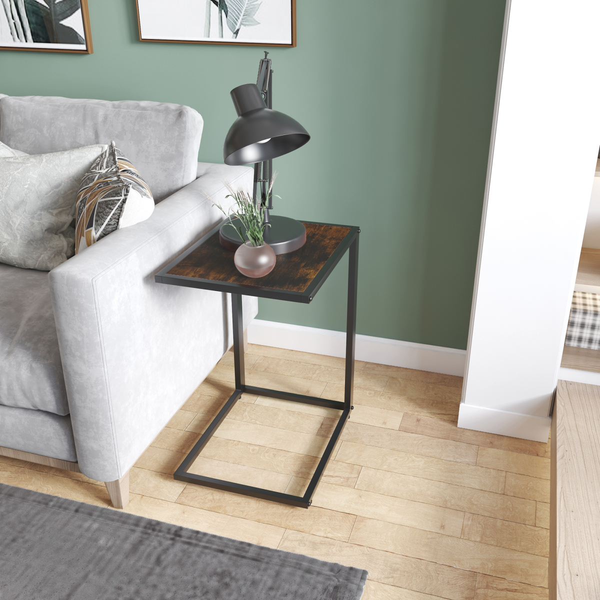 Steel Frame C-Shaped Side Table Brown