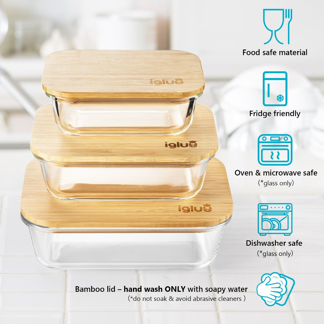 Borosilicate Glass Food Storage Containers with Airtight Bamboo Lids | 3-Pack (370ml, 640ml, 1050ml)