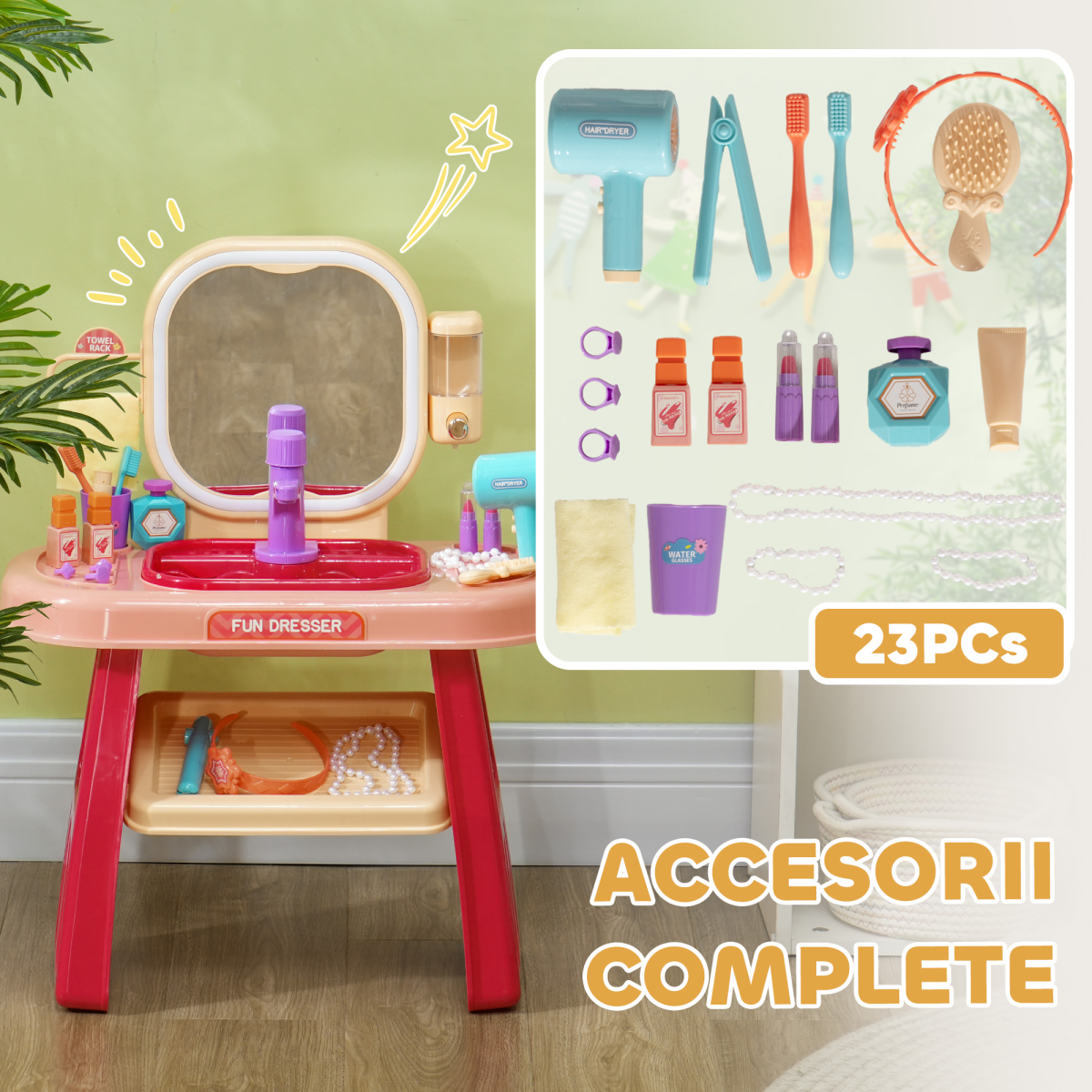 AIYAPLAY Kids Dressing Table with Mirror, LED Light, Music, 23 Accessories