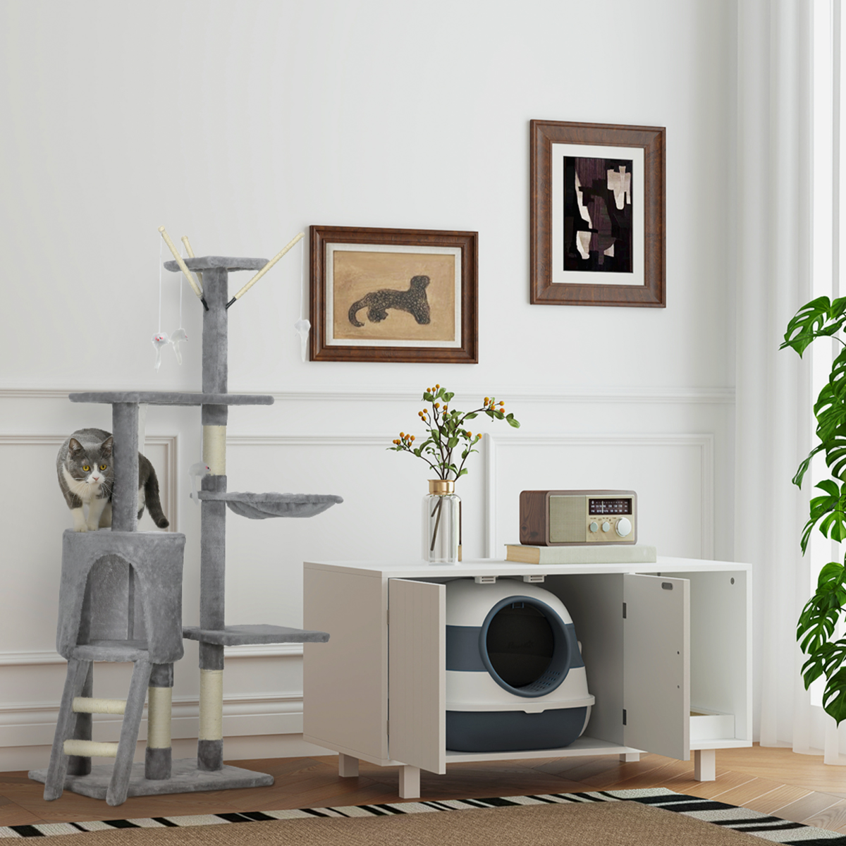 PawHut Cat Tree Kitty Activity Centre Scratching Post With Toys 5-tier Grey