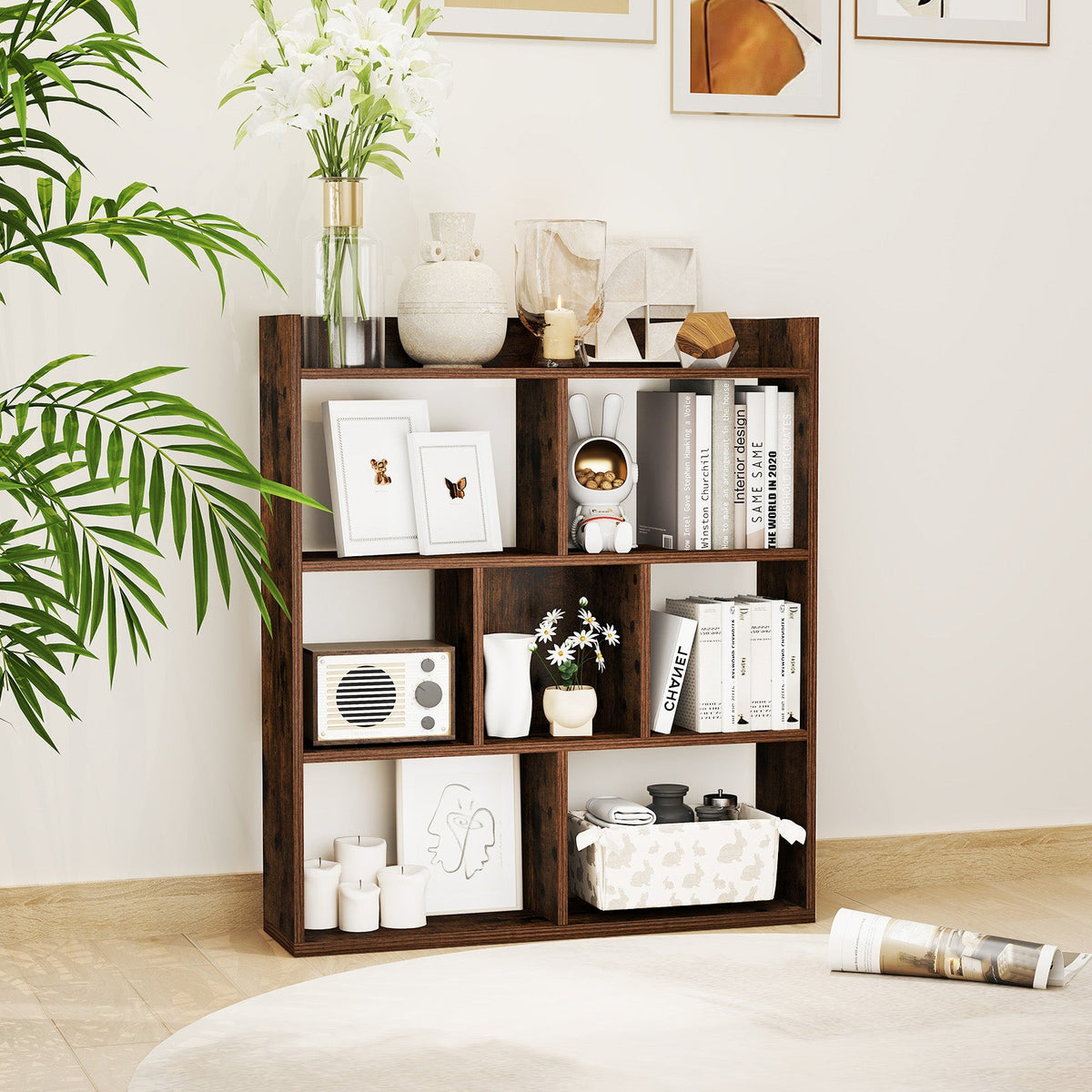 7 Cubes Open-back Bookshelf Home Storage Display Shelf-Coffee