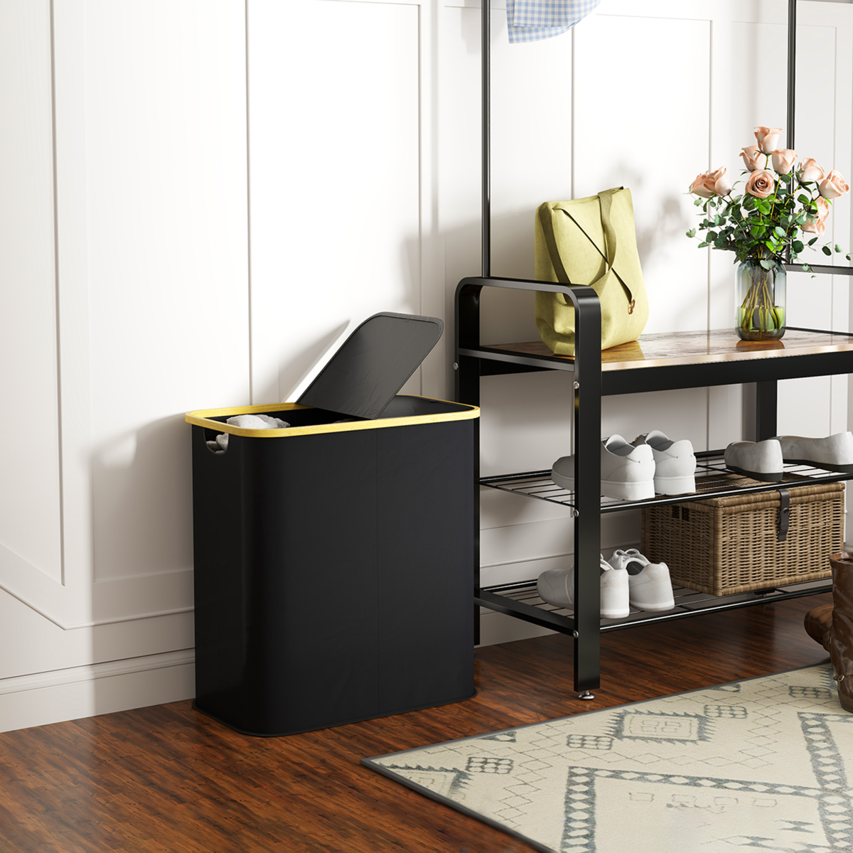 HOMCOM 80L Collapsible Laundry Hamper, Washing Basket for Bathroom, Black