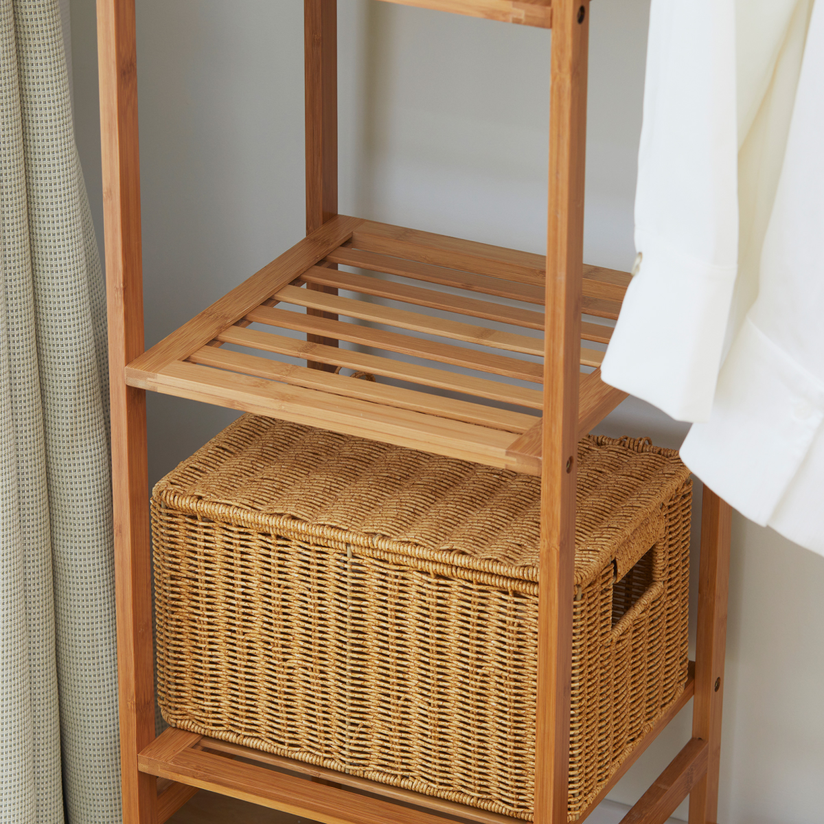 Bamboo Clothes Rail Garment Rack with 6 Tier Storage Shelf Hanging Rod