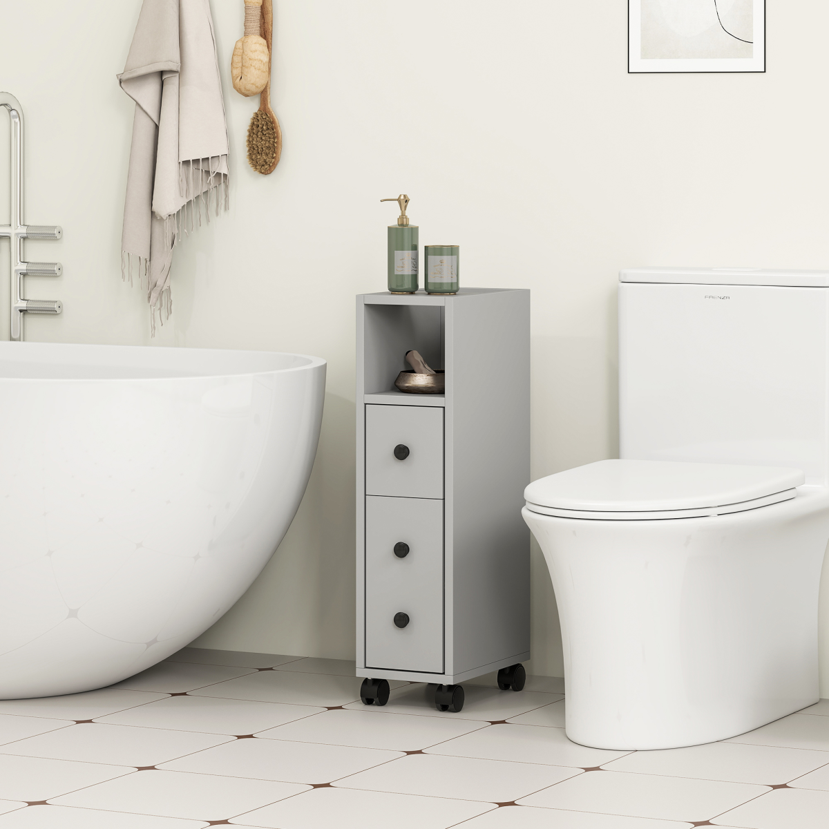 kleankin Slim Bathroom Storage with 2 Drawers, 2 Open and Wheels, Grey