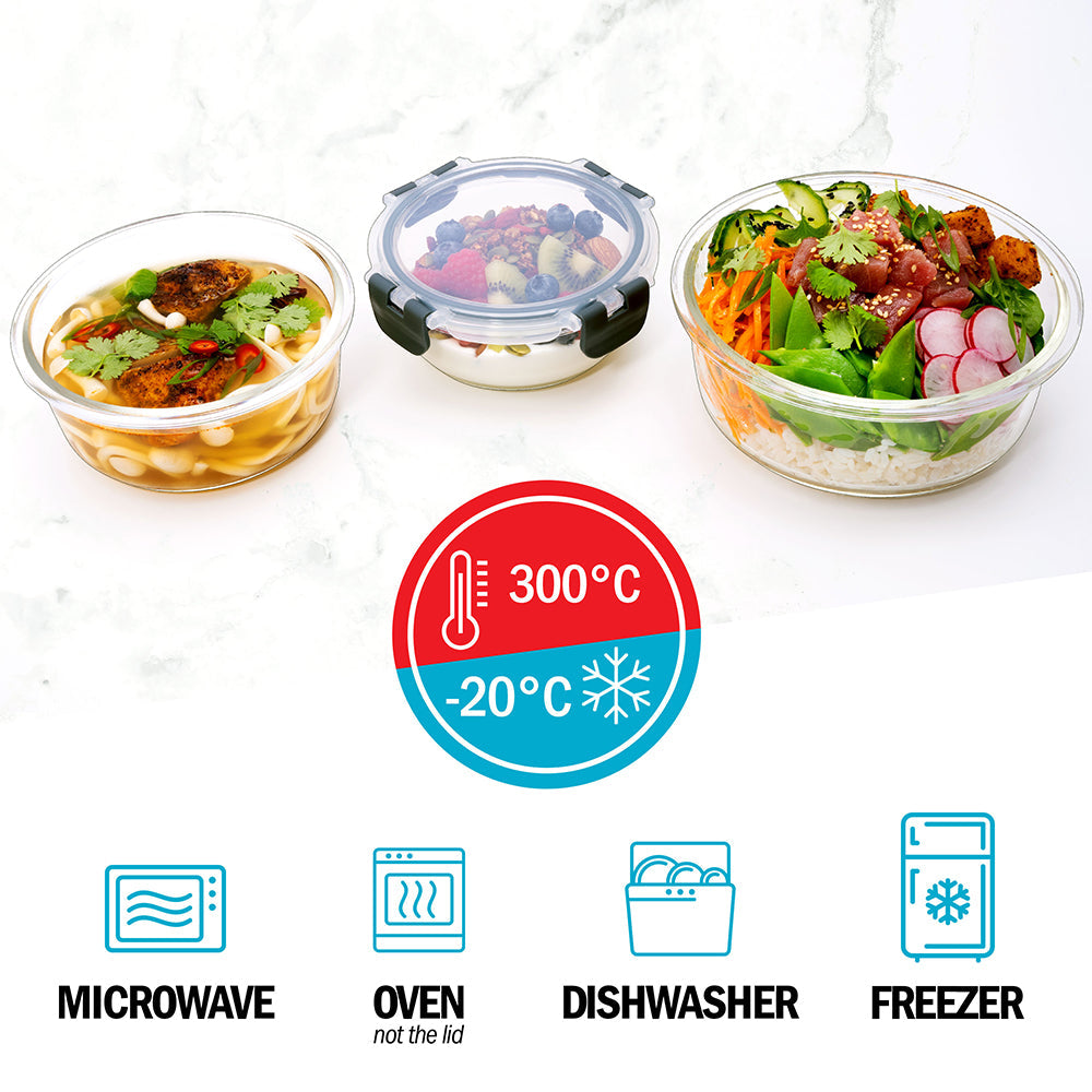 Glass Stackable Round Food Storage Containers – 3 Pack (400ml, 650ml & 950ml)..